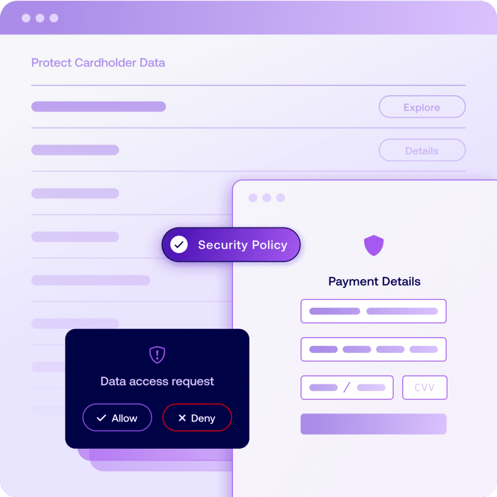 A security dashboard displaying real-time data access requests and payment protection policies, ensuring client-side security without disrupting website functionality.