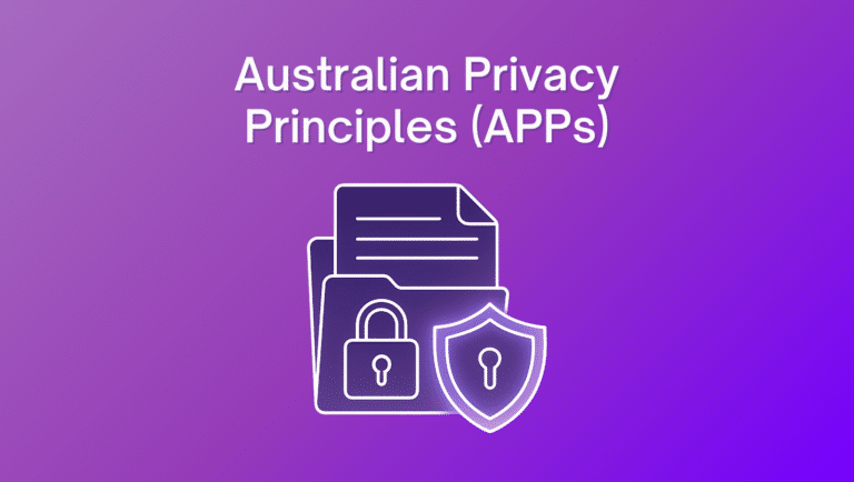 Illustration representing Australian Privacy Principles (APPs) on a purple gradient background. The graphic includes a document icon, a secure folder with a padlock, and a shield symbolizing data protection and privacy compliance.